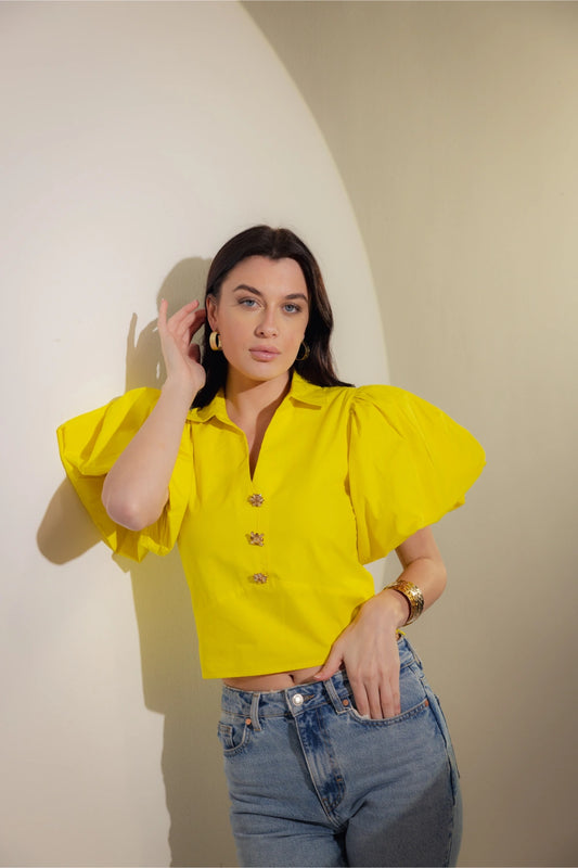 Yellow Cropped Blouse with Gold Buttons - Muggnos