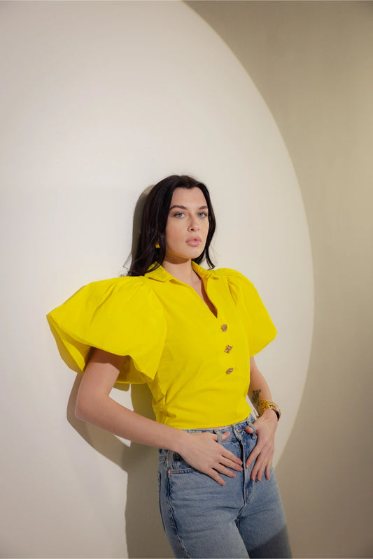Yellow Cropped Blouse with Gold Buttons - Muggnos
