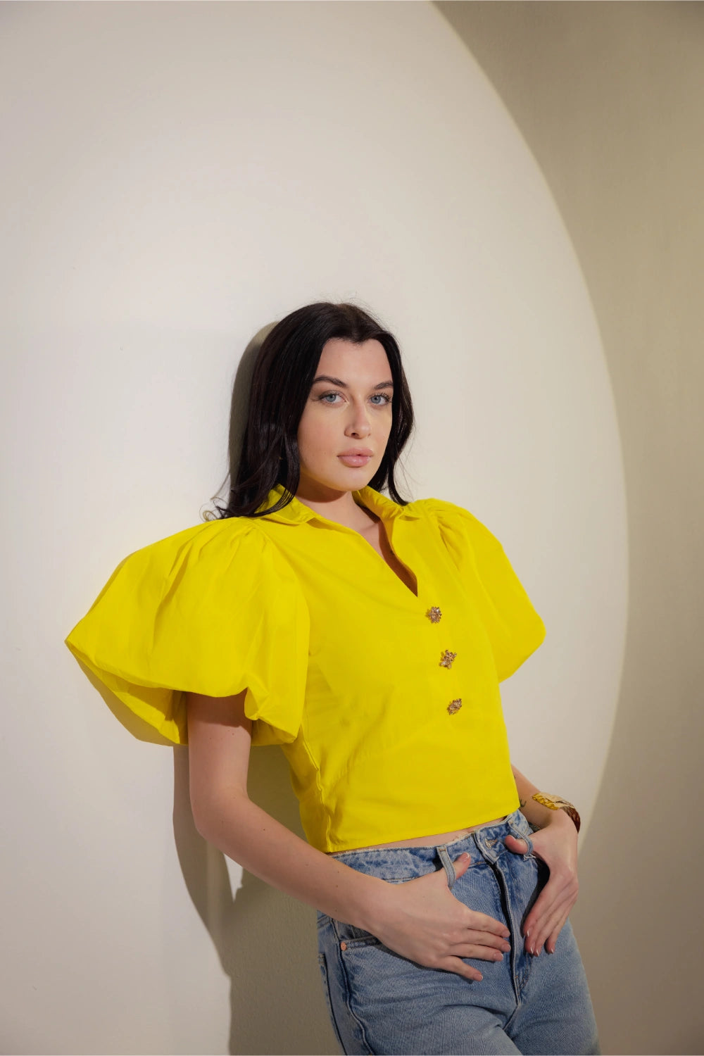 Yellow Cropped Blouse with Gold Buttons - Muggnos