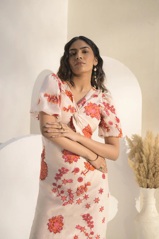 Emboridered Organza Midi Dress - Muggnos