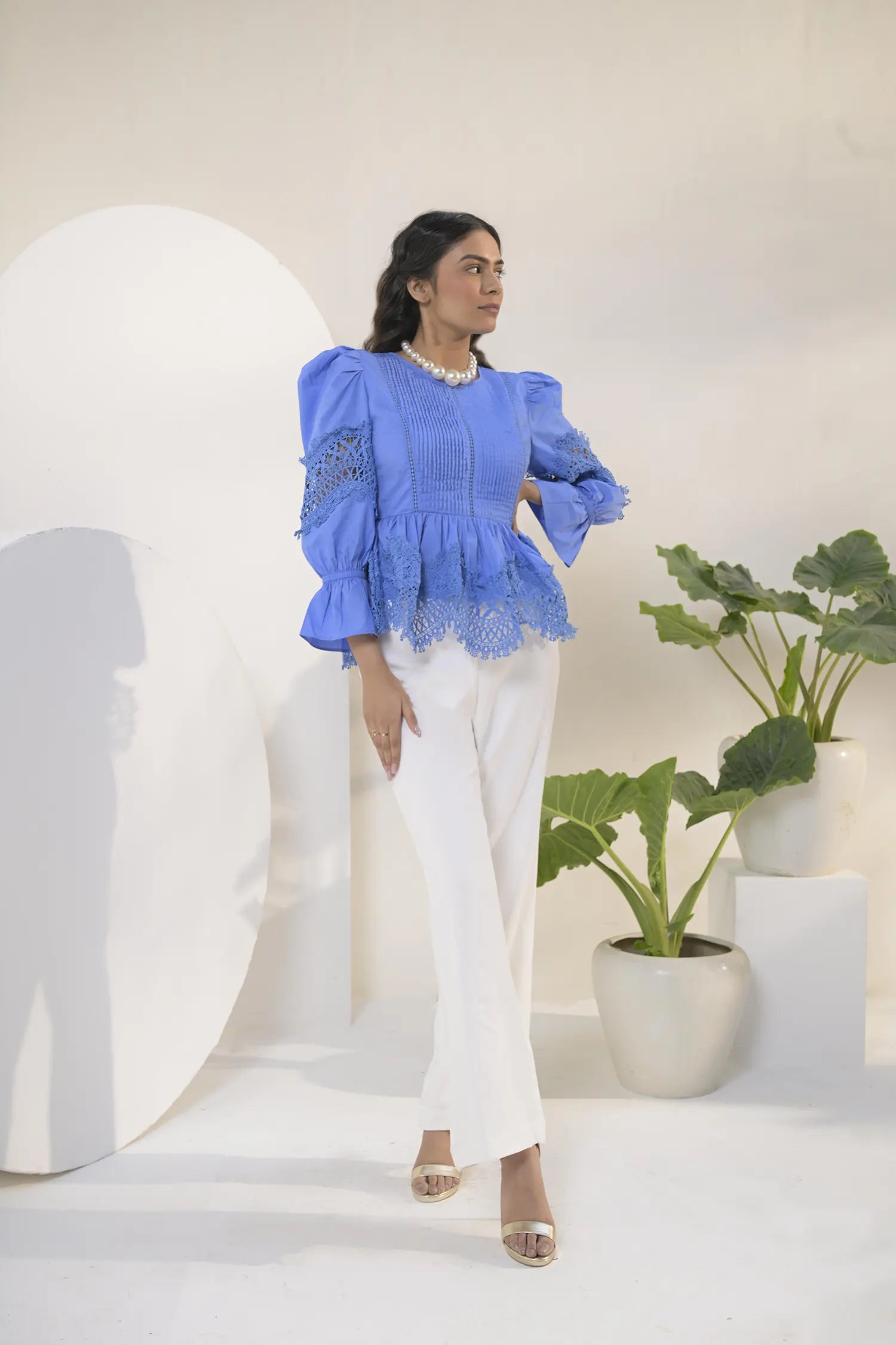 Lace Trim Ruffle Blouse - Muggnos