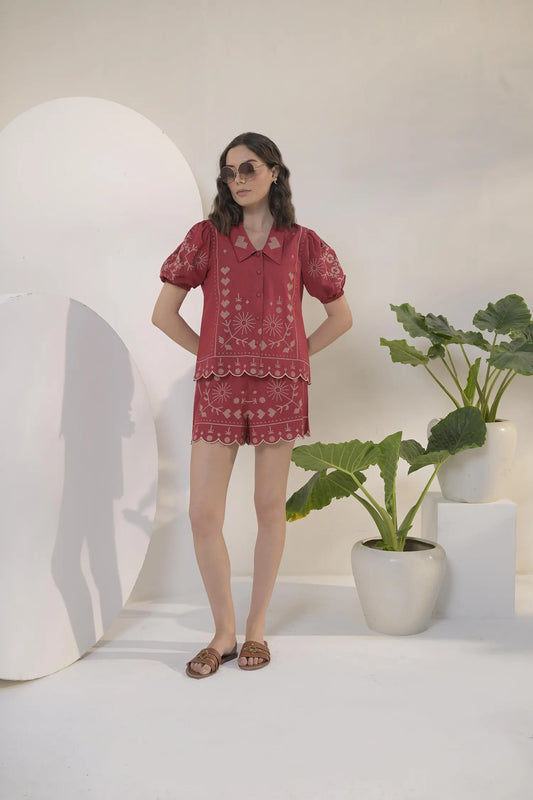 Emroidered Thread work Shirt with High-Waist Shorts - Muggnos