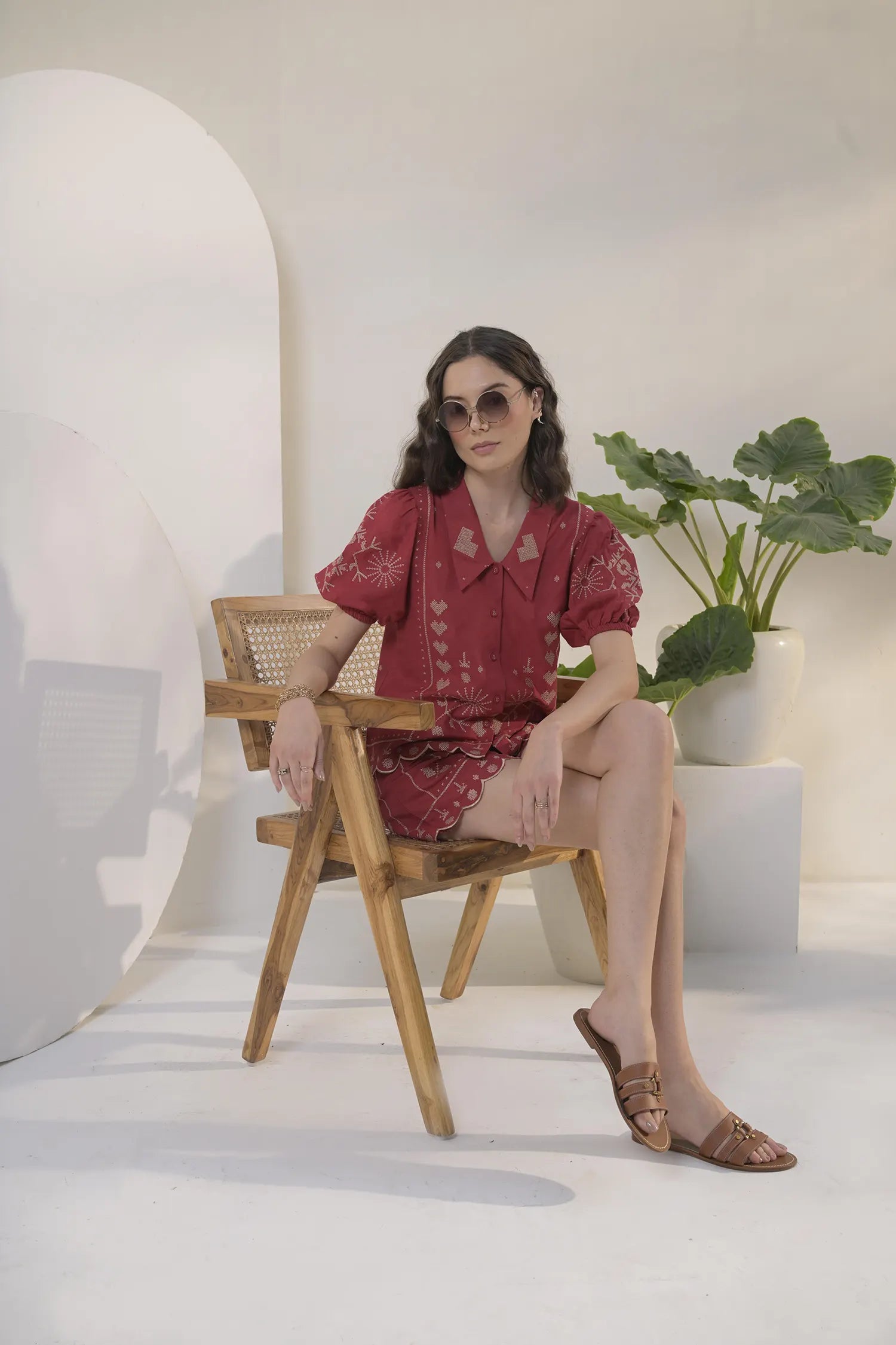 Emroidered Thread work Shirt with High-Waist Shorts - Muggnos