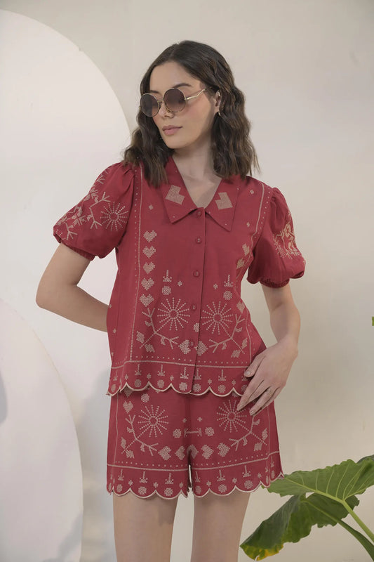 Emroidered Thread work Shirt with High-Waist Shorts - Muggnos