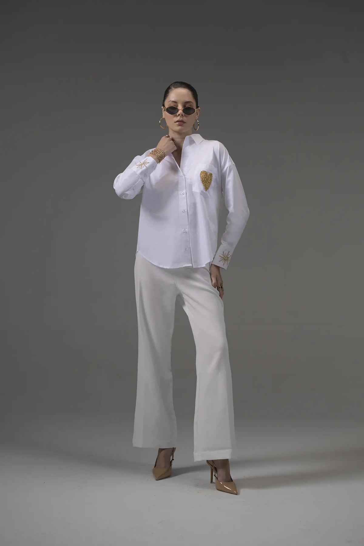 White Poplin Embellished Shirt - Muggnos