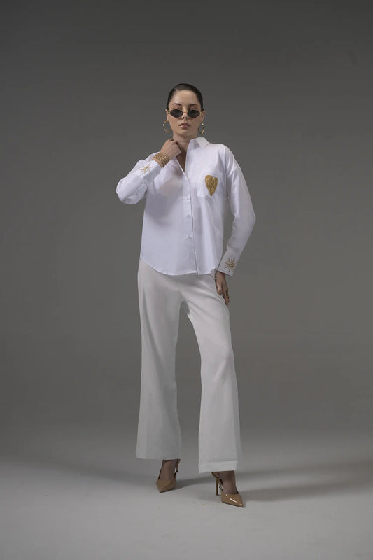 White Poplin Embellished Shirt - Muggnos