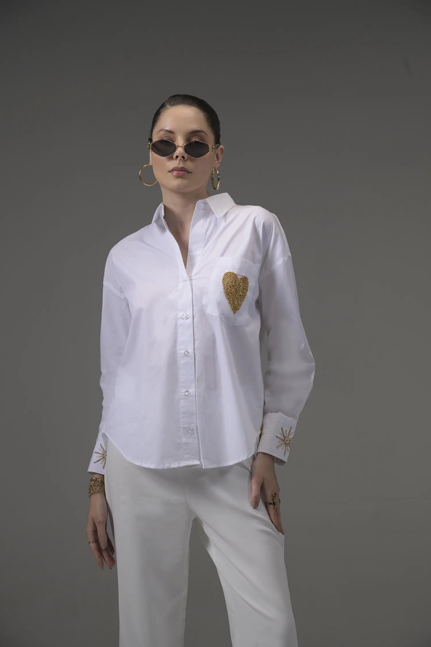 White Poplin Embellished Shirt - Muggnos