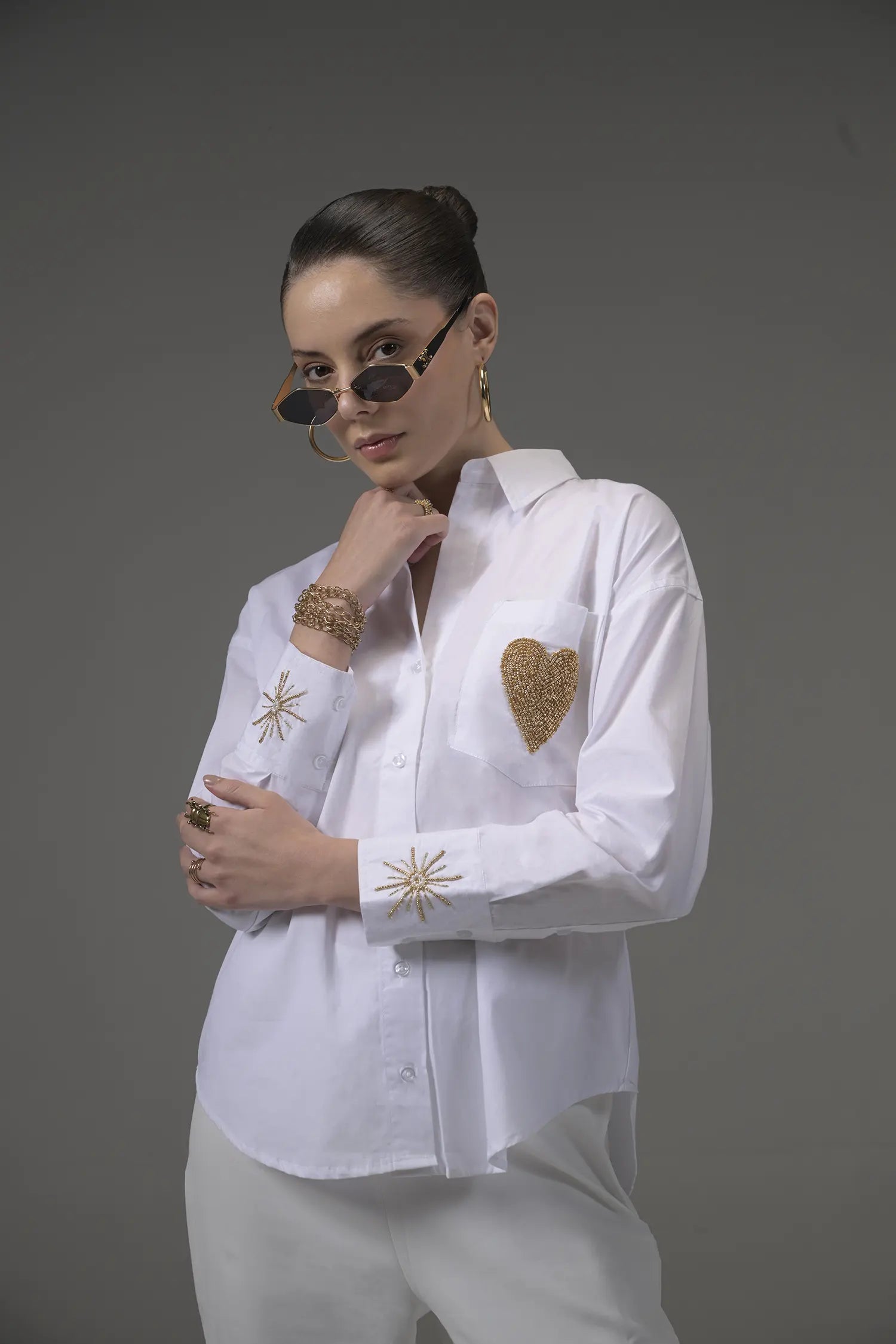 White Poplin Embellished Shirt - Muggnos