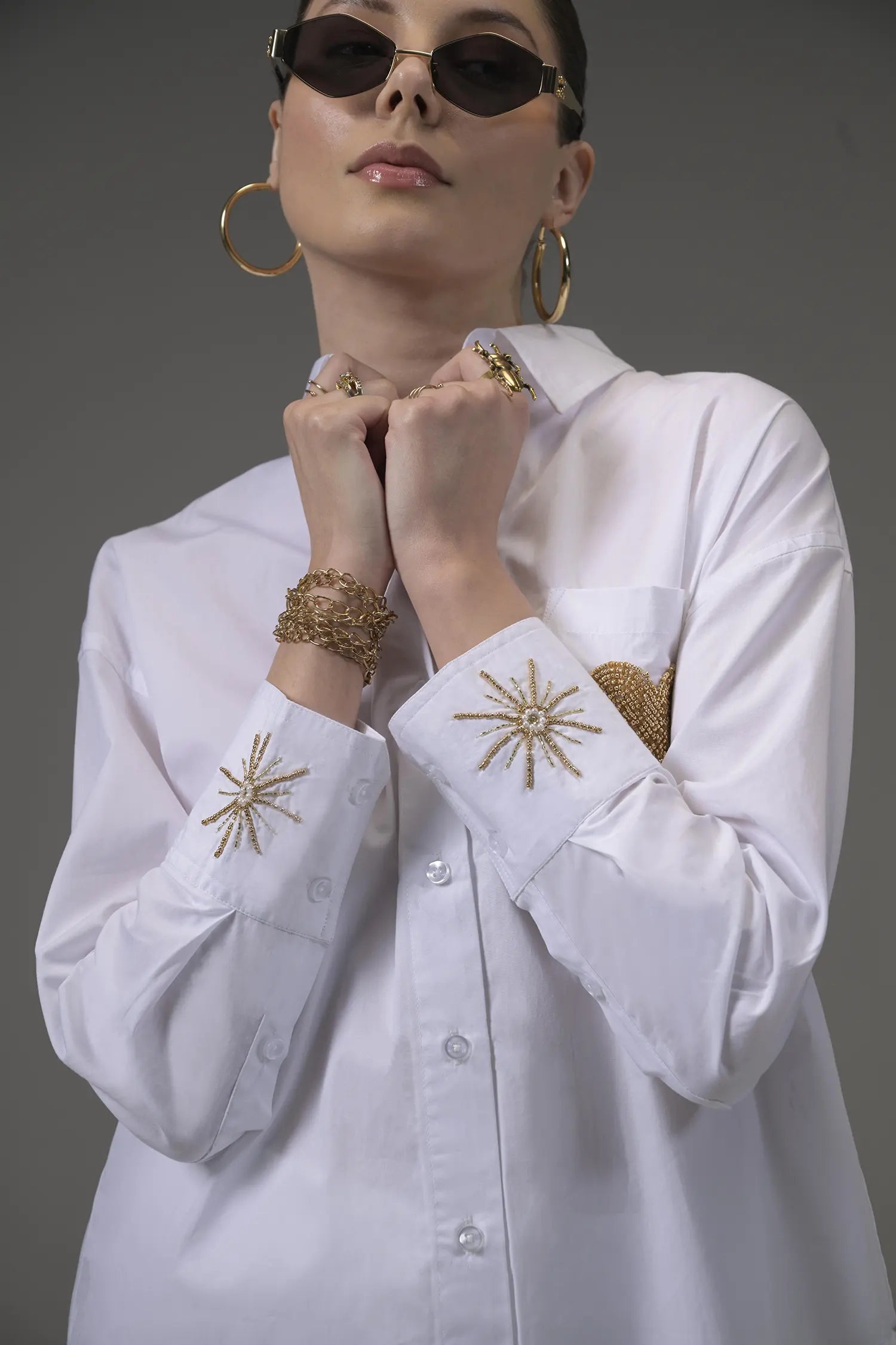 White Poplin Embellished Shirt - Muggnos
