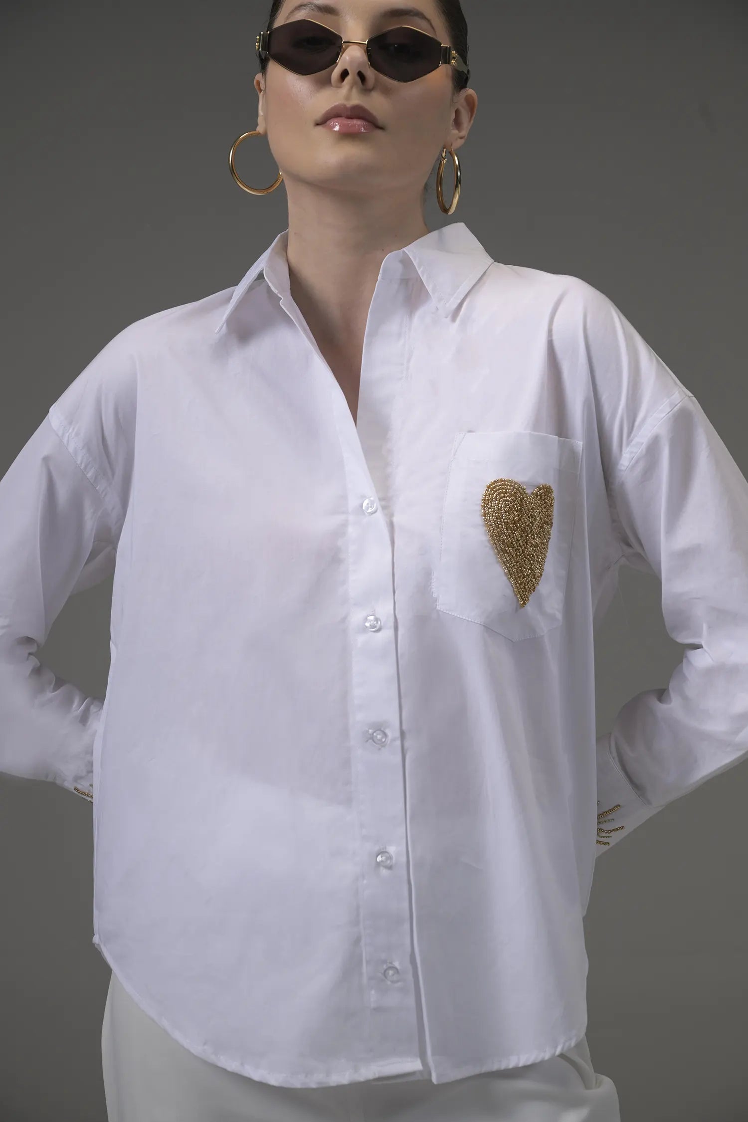 White Poplin Embellished Shirt - Muggnos