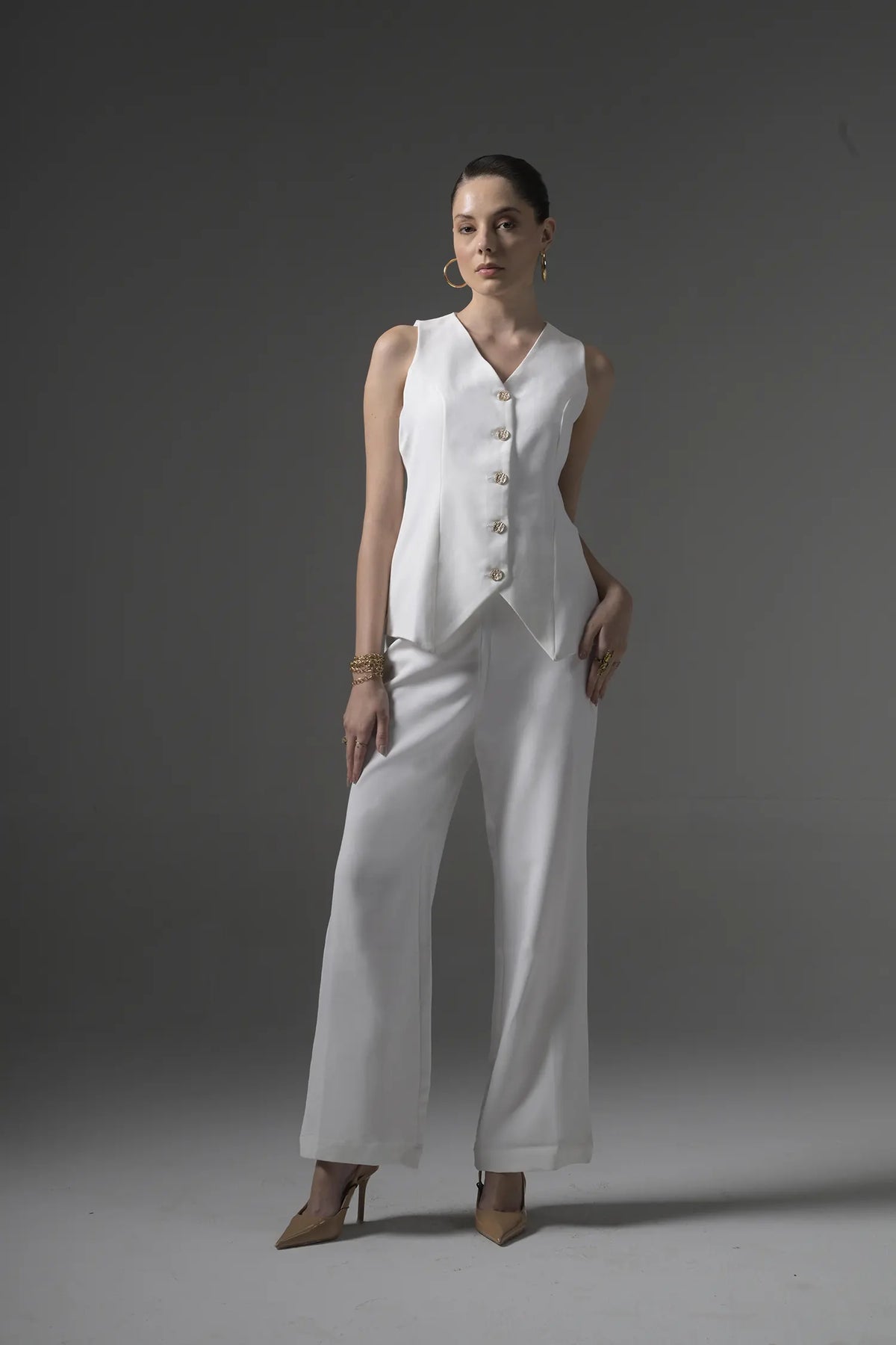 White Tailored Waistcoat with Flared Pants - Muggnos
