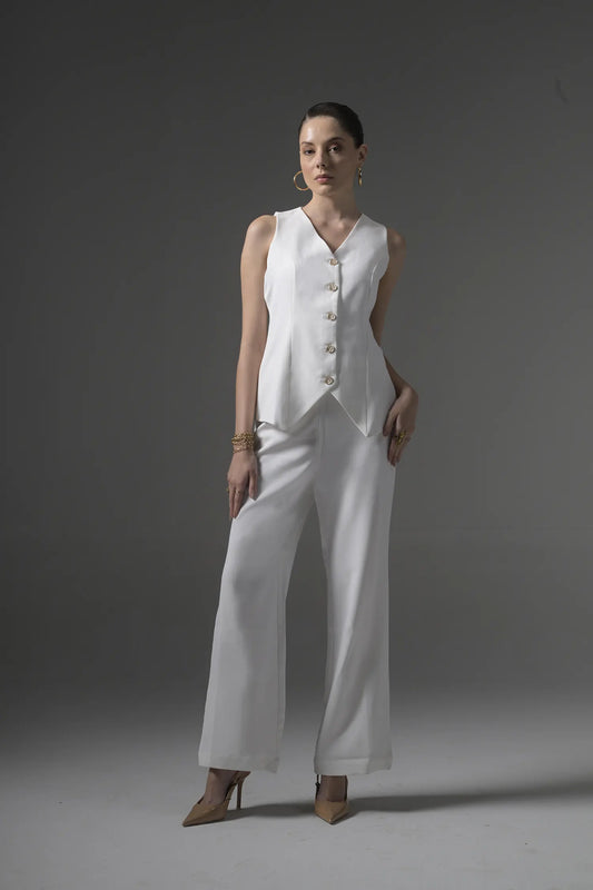 White Tailored Waistcoat with Flared Pants - Muggnos