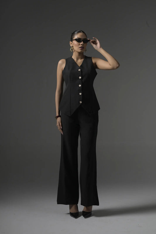 Black Tailored Waistcoat with Flared Pants - Muggnos