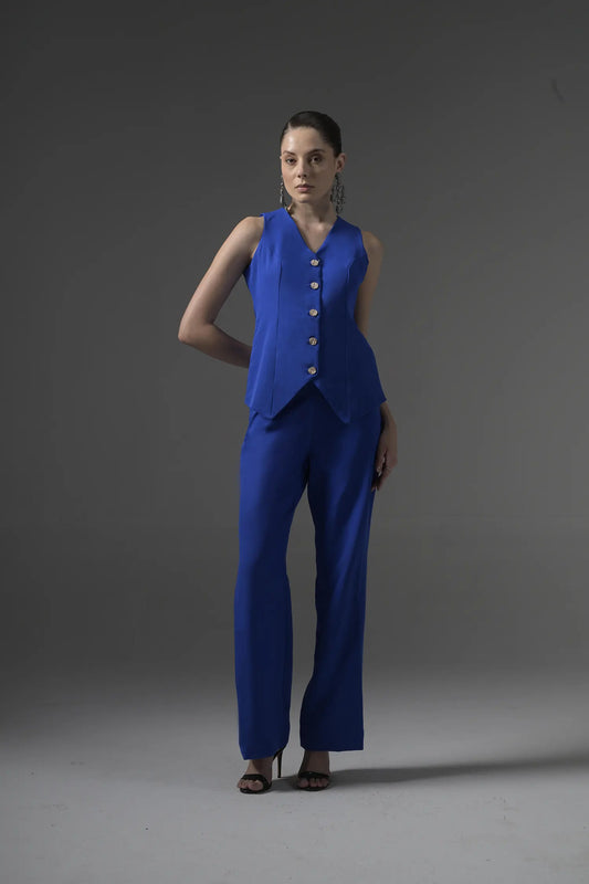 Blue Tailored Waistcoat with Flared Pants - Muggnos