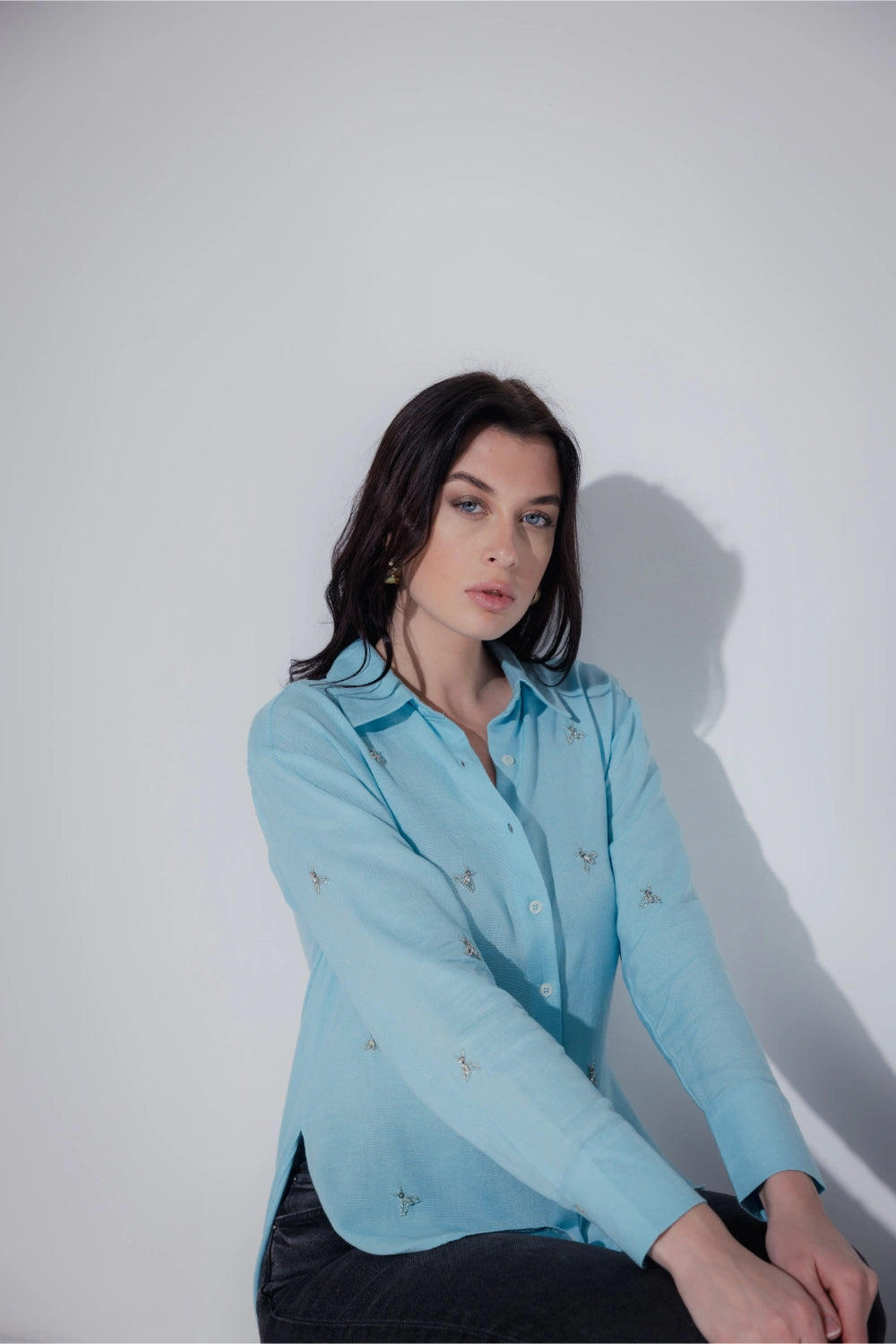 Linen Blend Studded Blue shirt - Muggnos