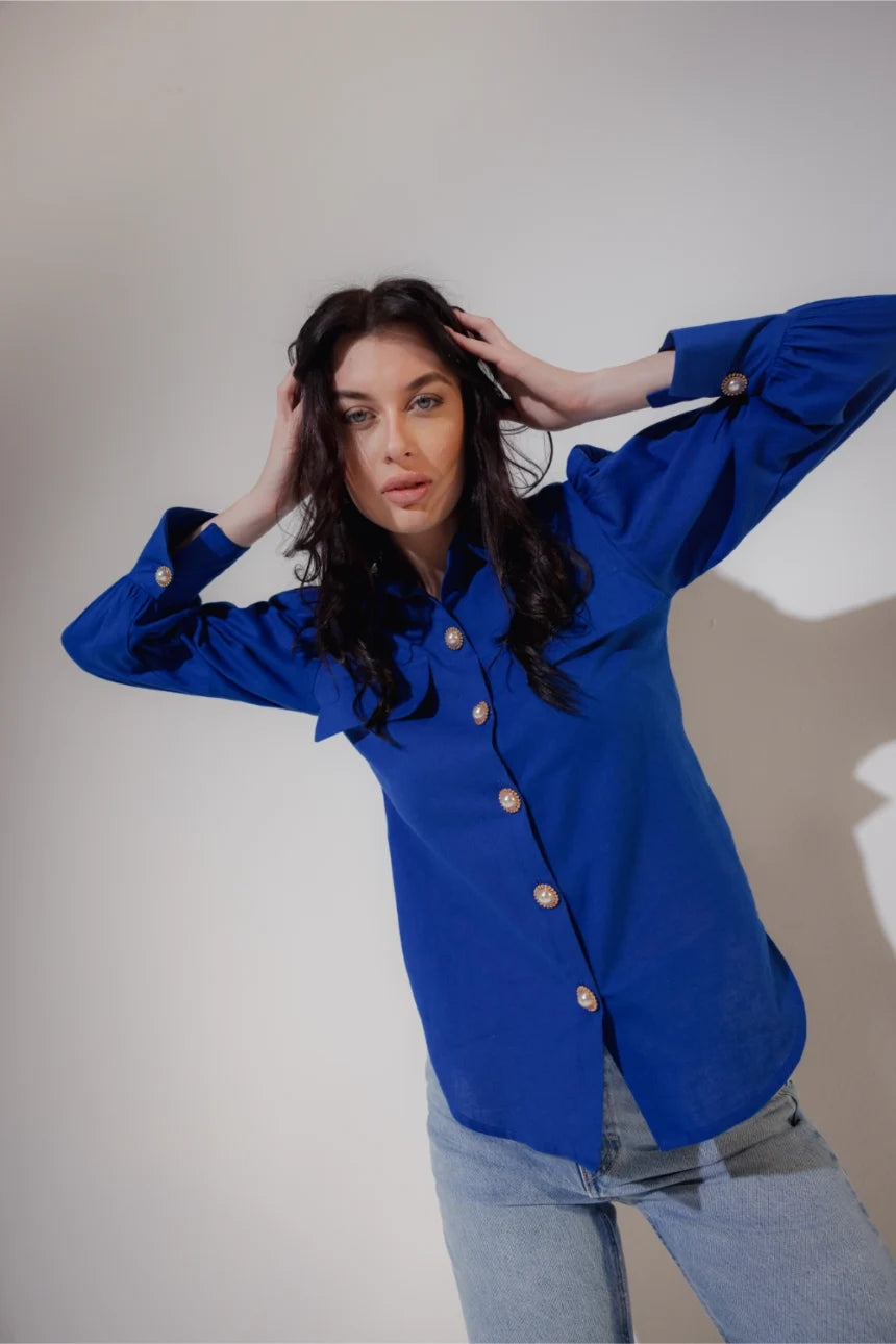 Linen Blend Shirt with Pearl Buttons - Muggnos