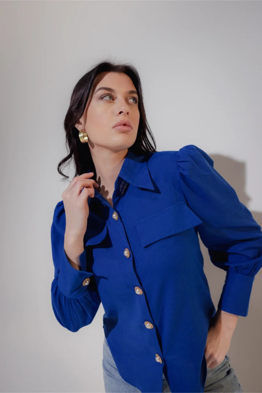 Linen Blend Shirt with Pearl Buttons - Muggnos