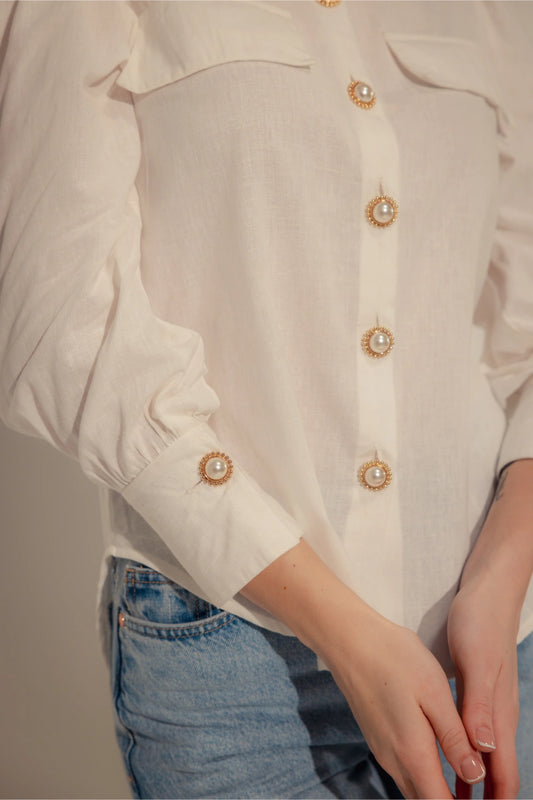 Linen Blend White Shirt with Pearl Buttons - Muggnos