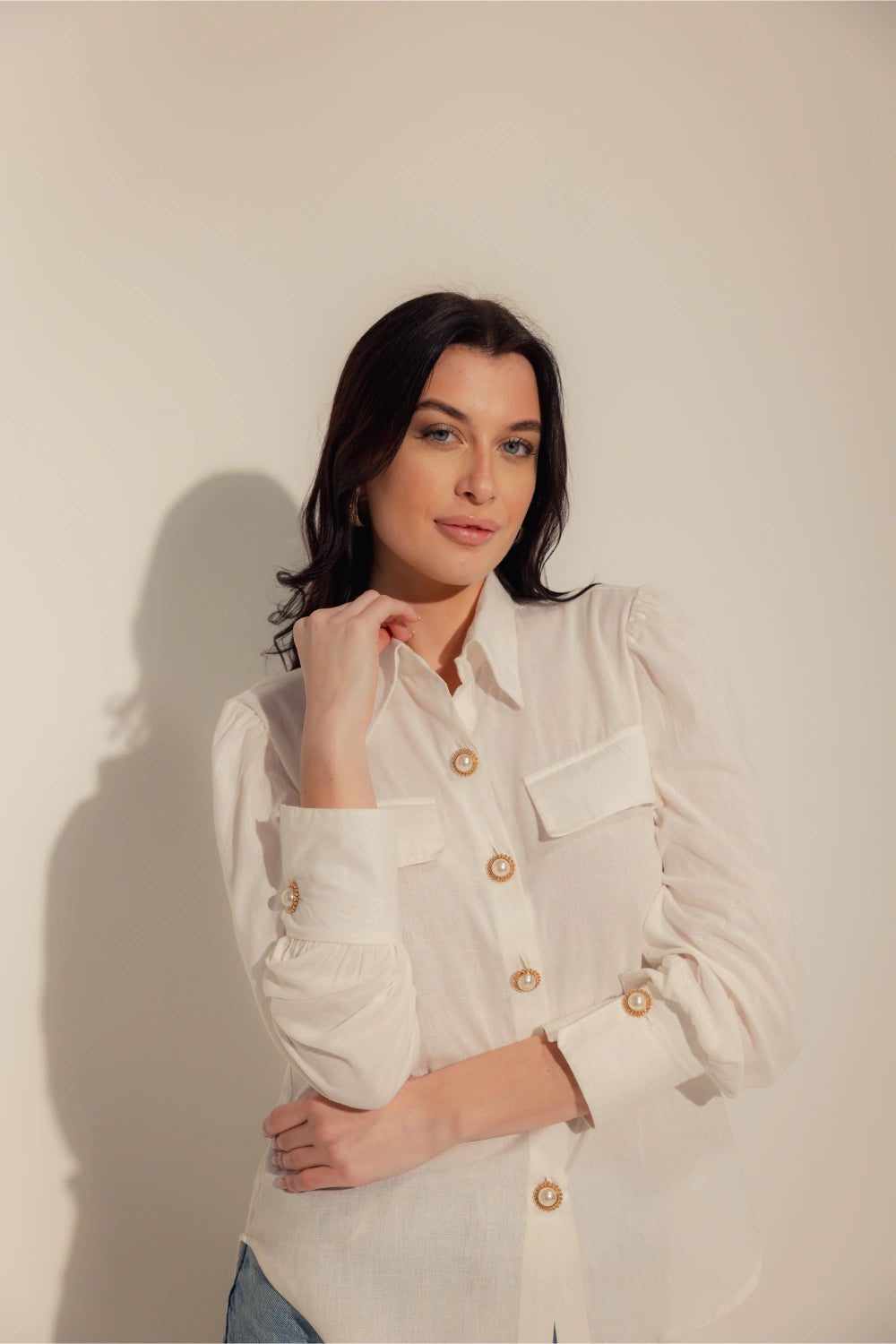Linen Blend White Shirt with Pearl Buttons - Muggnos