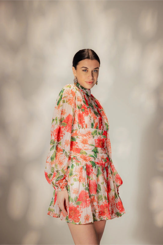 Short Floral Print Pink Dress - Muggnos