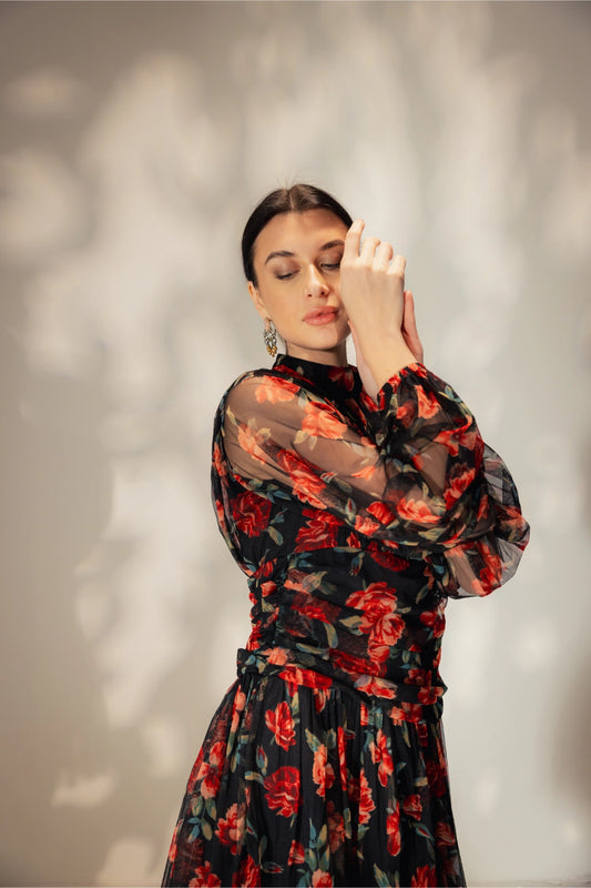 Short Floral print black dress - Muggnos