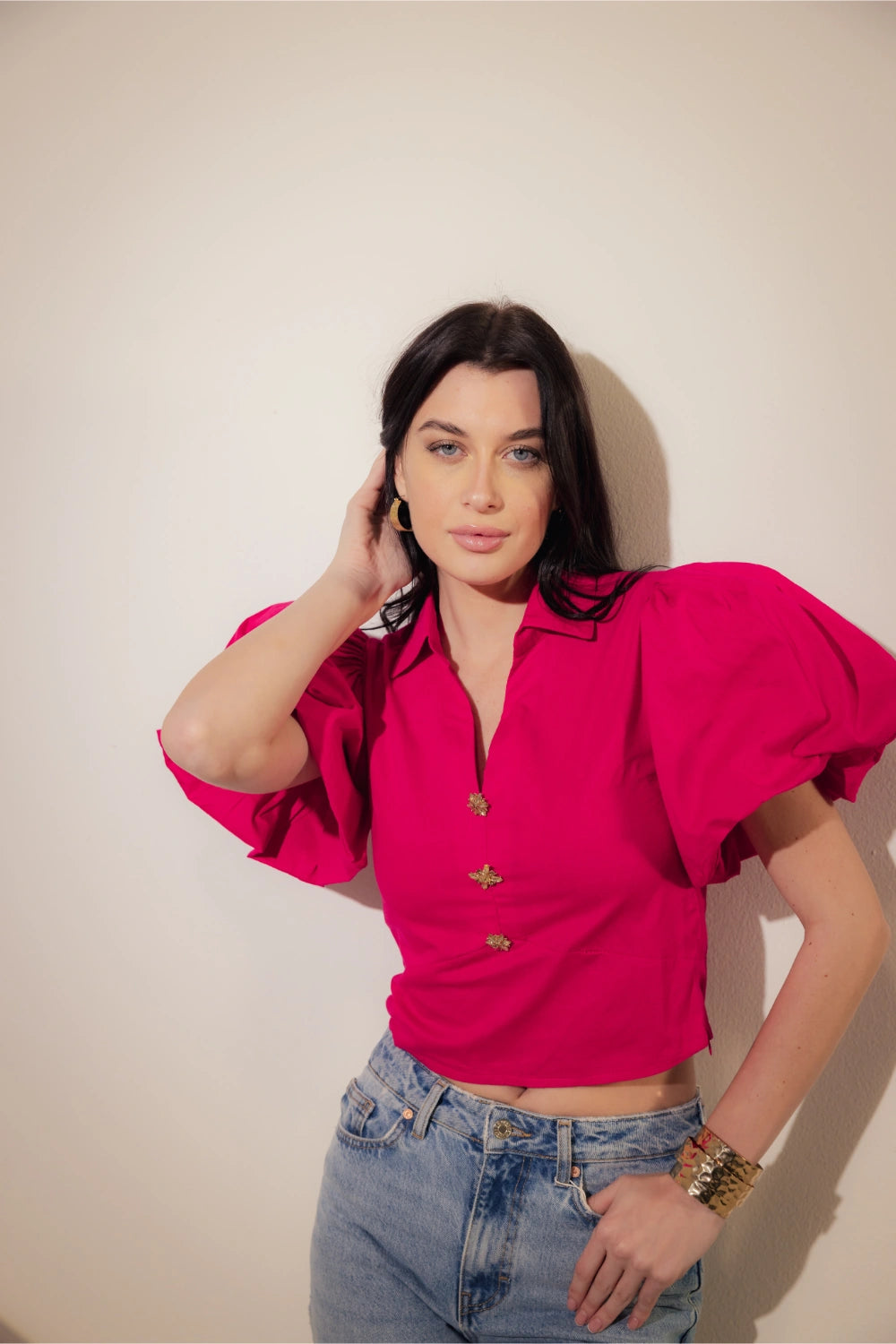 Pink Cropped Blouse with Gold Buttons - Muggnos