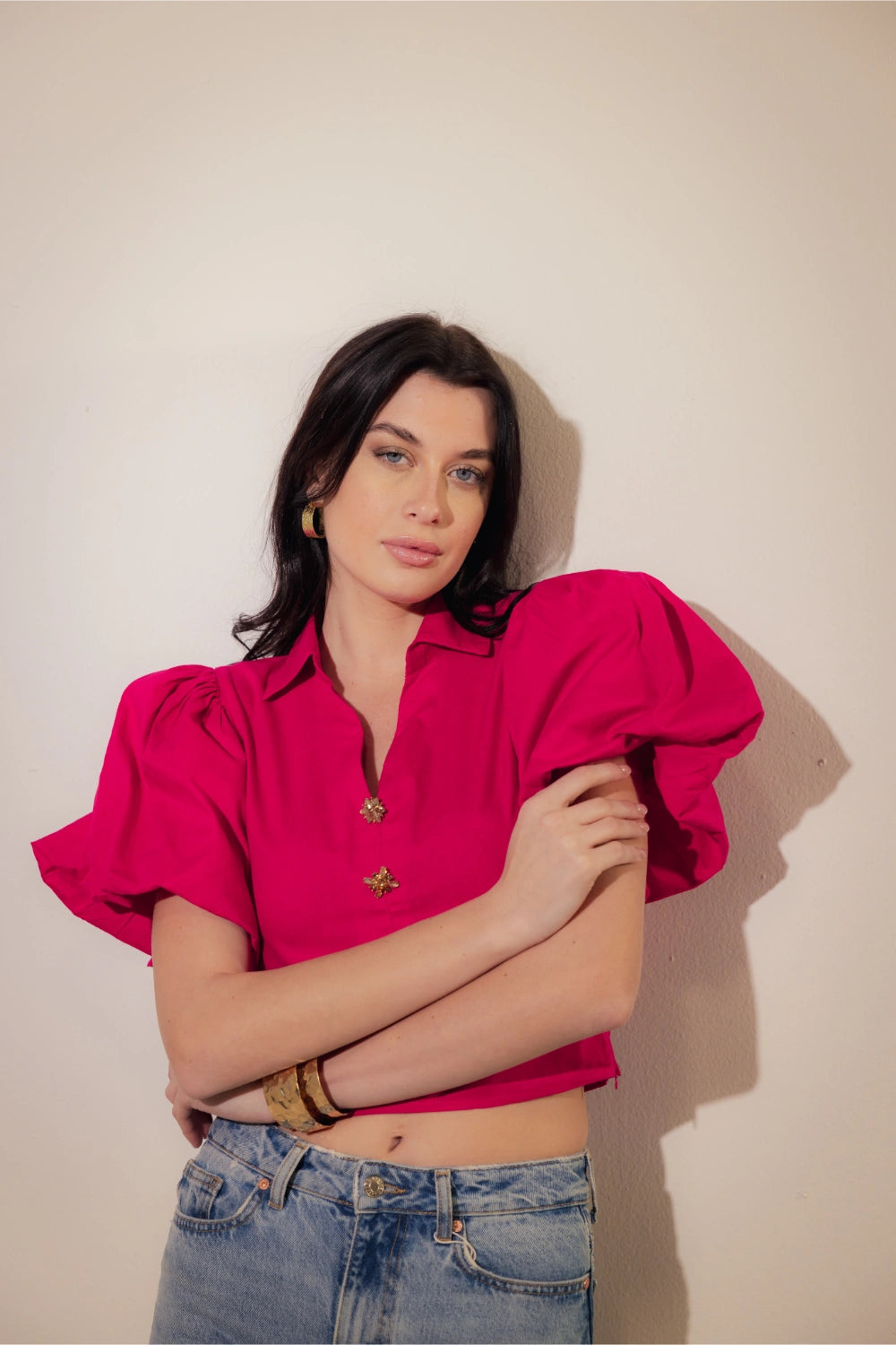 Pink Cropped Blouse with Gold Buttons - Muggnos