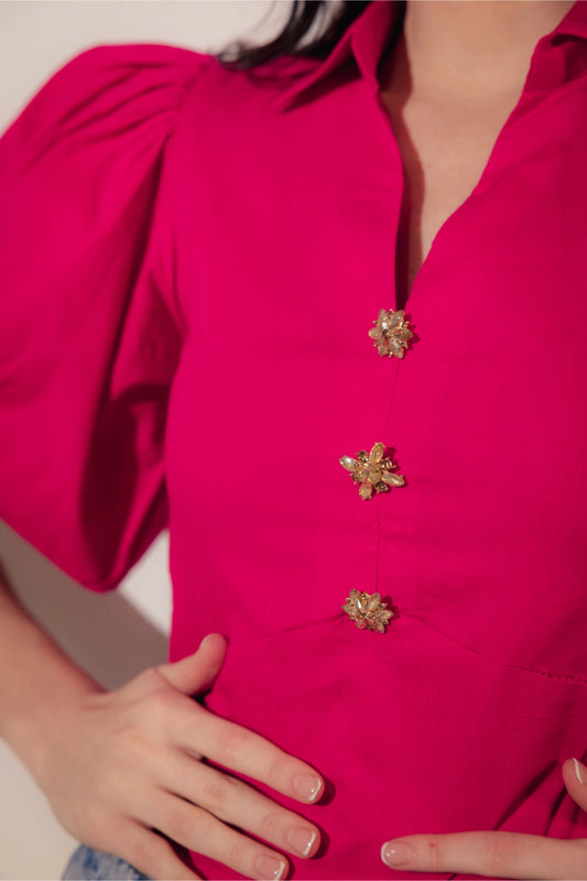Pink Cropped Blouse with Gold Buttons - Muggnos